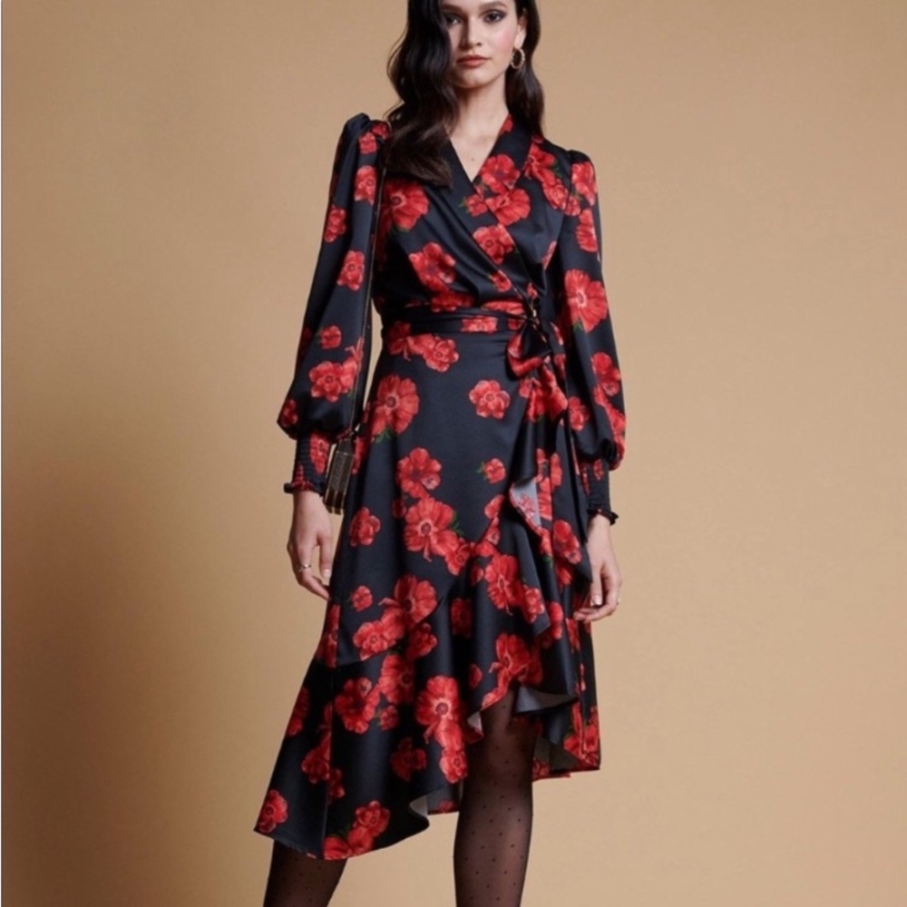 Rachel Parcell Wrap Western Satin Red Poppy Print Asymmetrical Dress Size XS